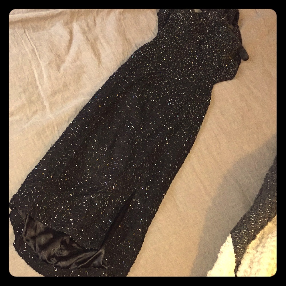 Backless sparkly black cocktail dress - tea length